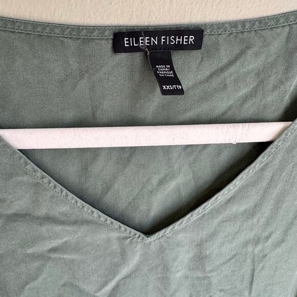 Eileen Fisher V Neck Asymmetrical Sandwashed Tencel Shift Dress Nori Green XXS - Picture 3 of 5